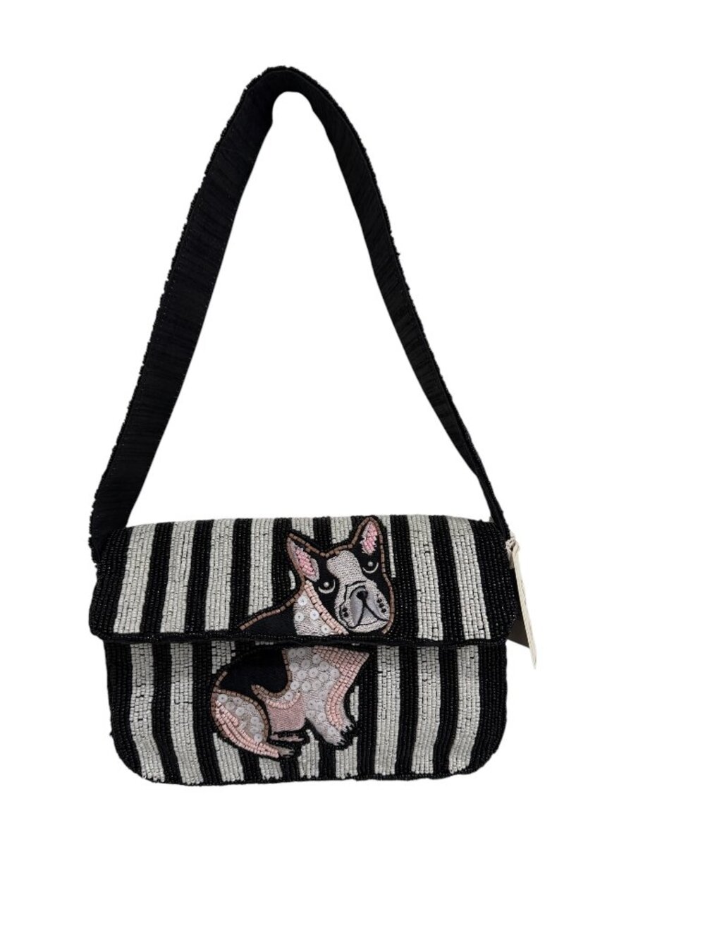 Sol and Mer French Bulldog Frenchie Dog Beaded Striped Bag Handmade India NWT